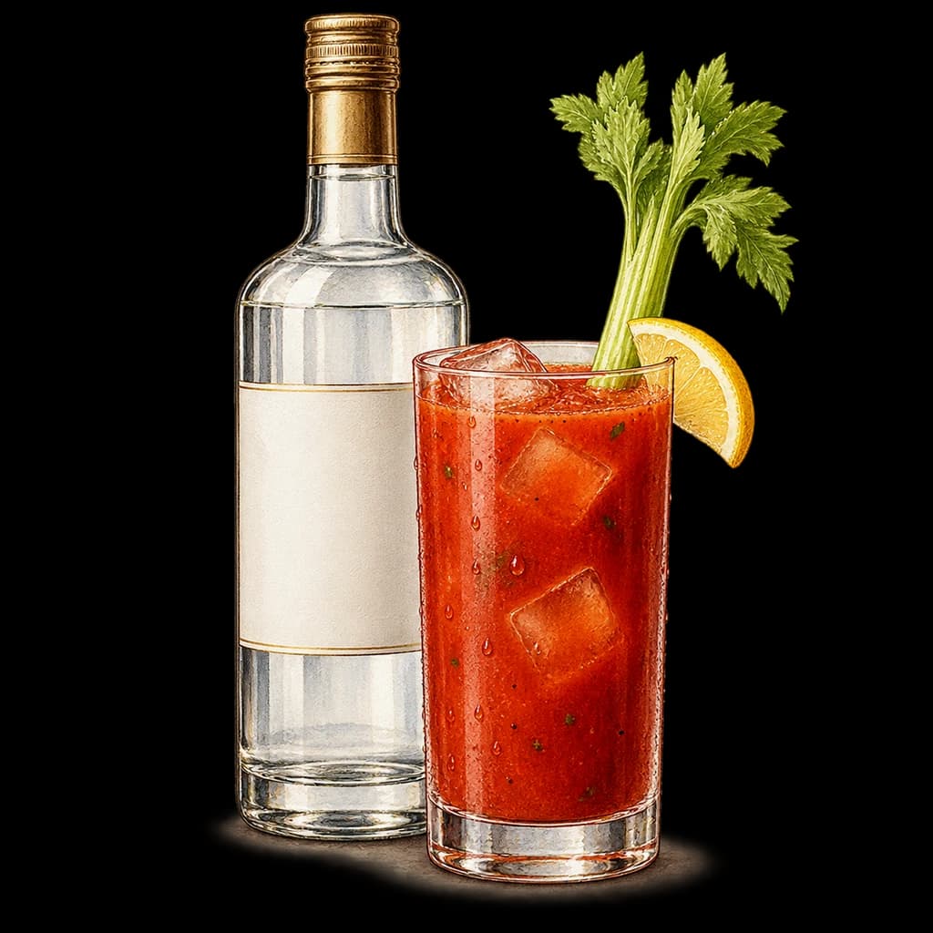 Bloody Mary servido en vaso alto. Ilustración de Alcopedia.