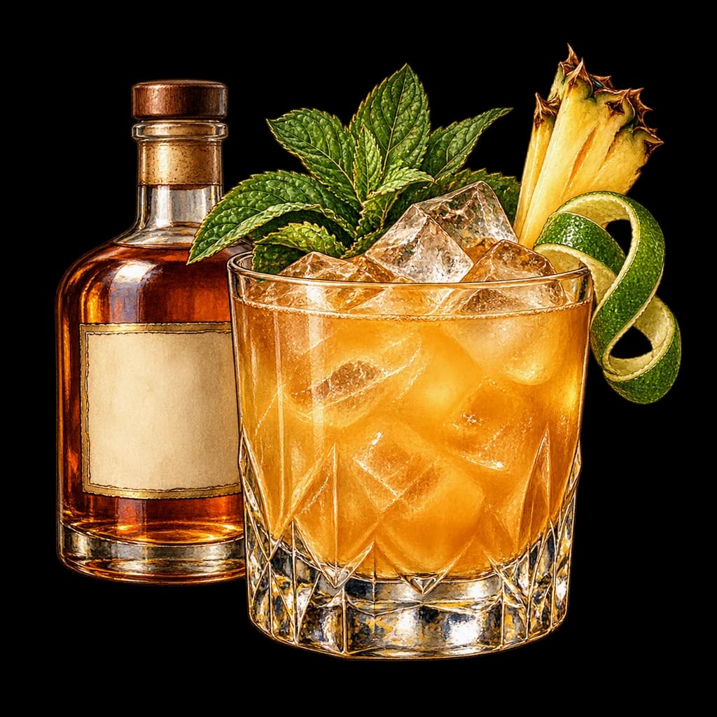 Mai Tai servido en vaso bajo doble. Ilustración de Alcopedia.
