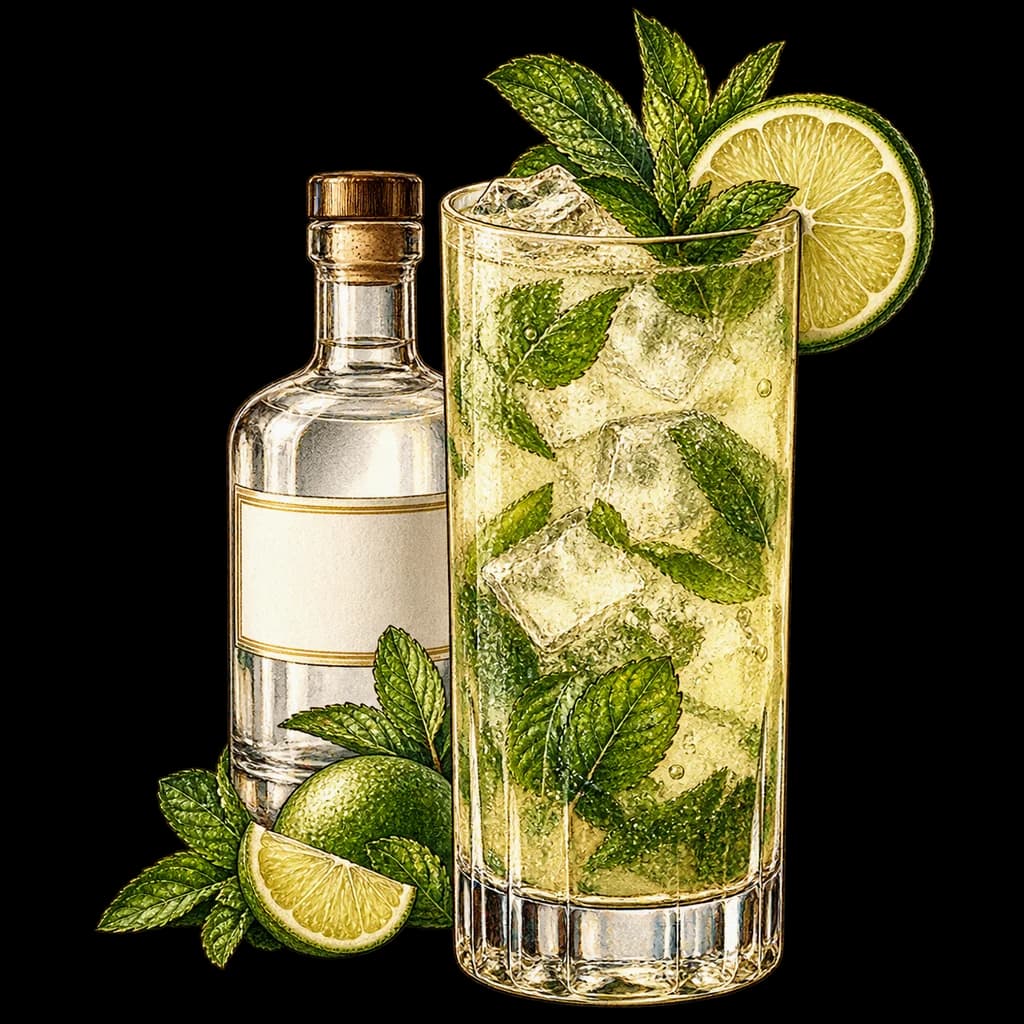 Mojito servido en vaso alto. Ilustración de Alcopedia.