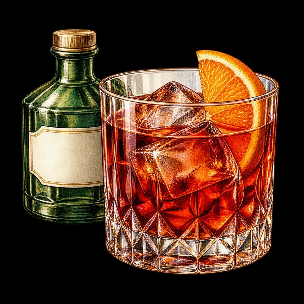 Negroni servido en vaso bajo. Ilustración de Alcopedia.