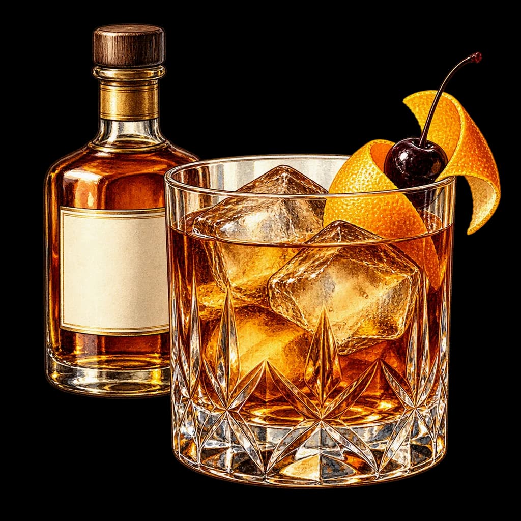 Old Fashioned servido en vaso bajo. Ilustración de Alcopedia.