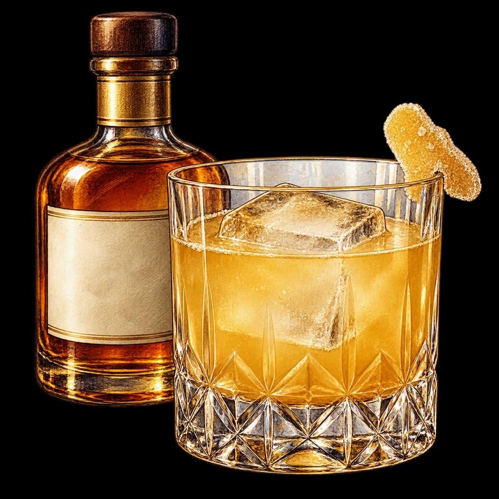 Penicillin servido en vaso bajo. Ilustración de Alcopedia.