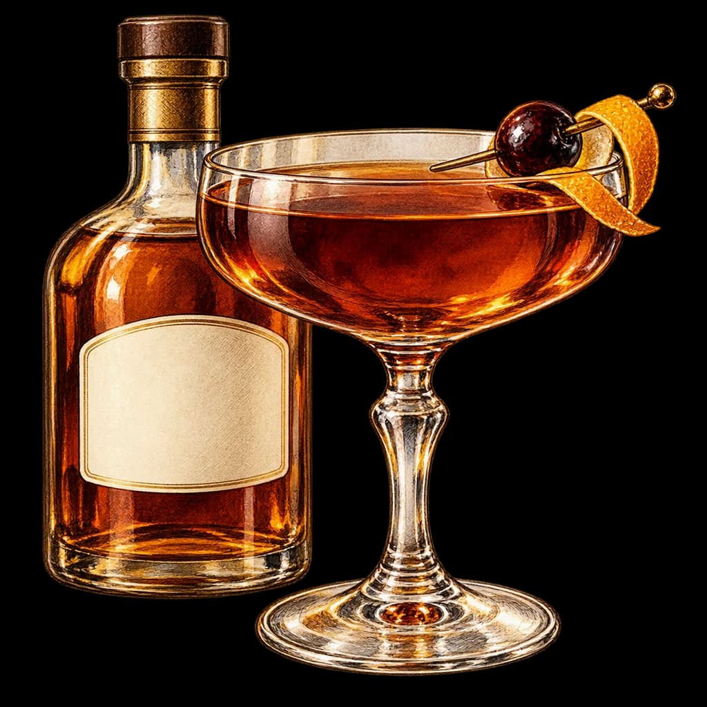 Vieux Carré servido en copa de cóctel. Ilustración de Alcopedia.