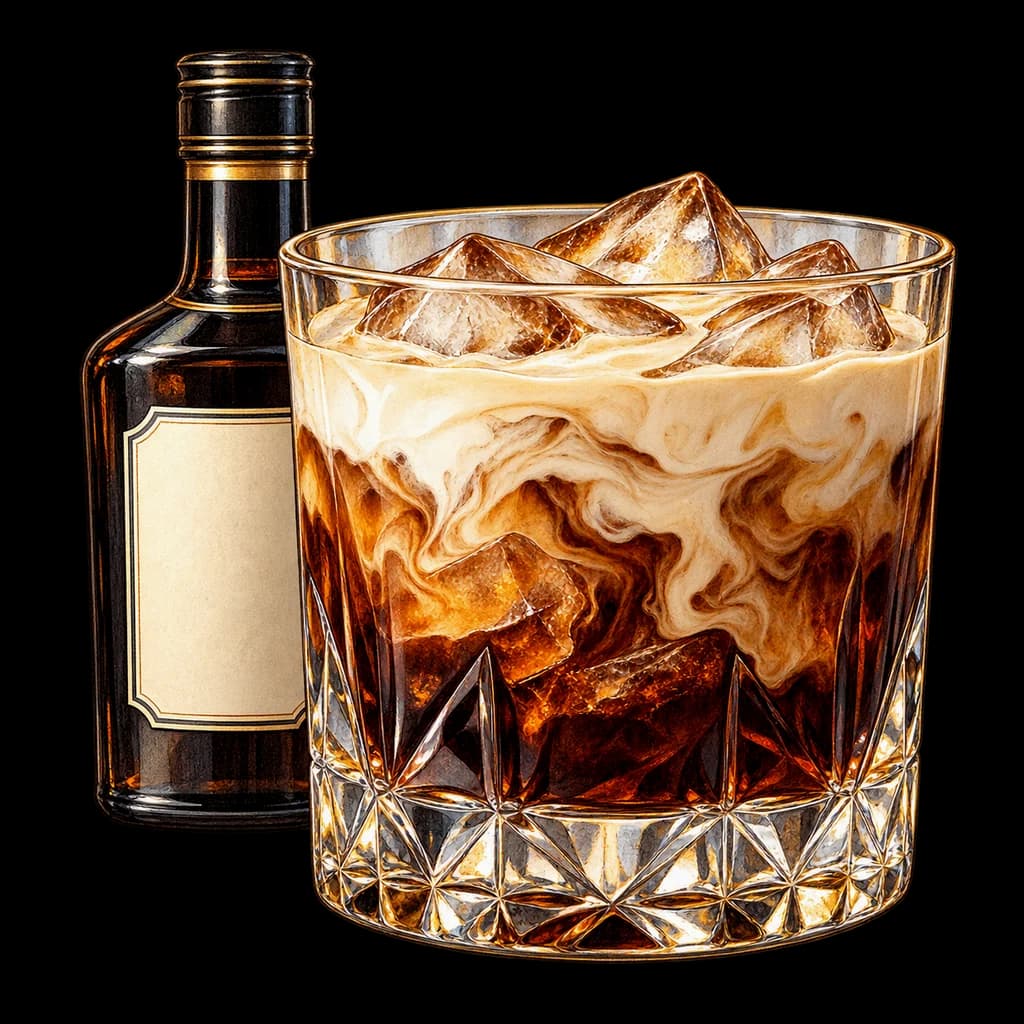 White Russian servido en vaso bajo. Ilustración de Alcopedia.